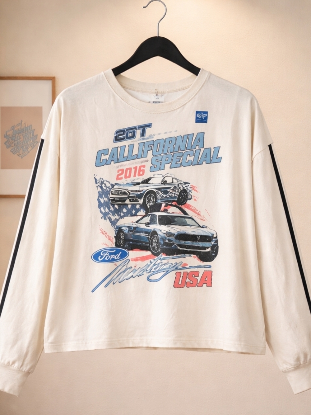 Ford Cream Long Sleeve Crop Tee with Blue & Red Graphic